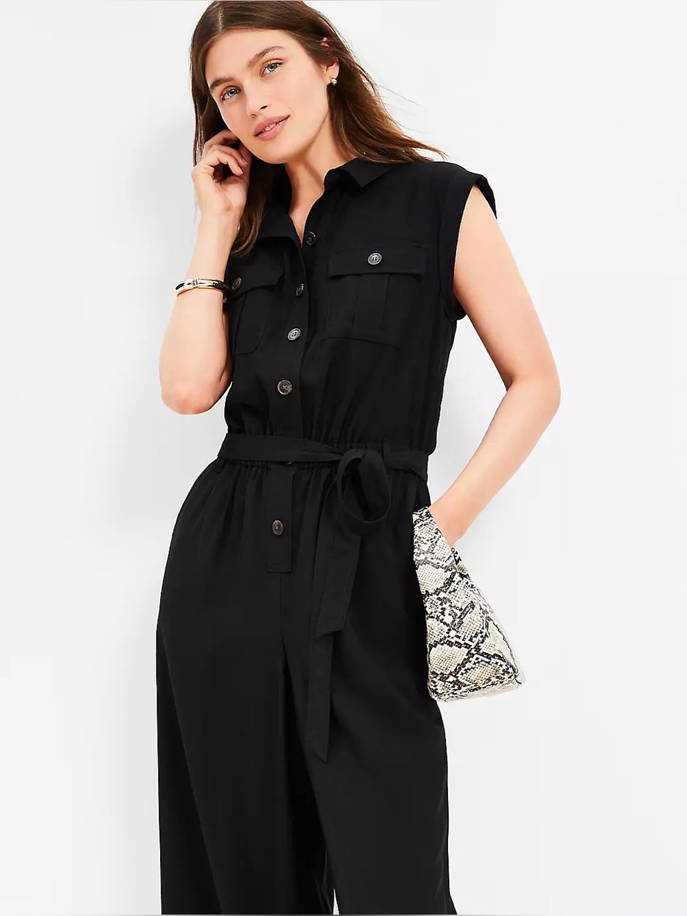 NWT LOFT Black Linen-Blend Wide-Leg Utility Jumpsuit Size XL